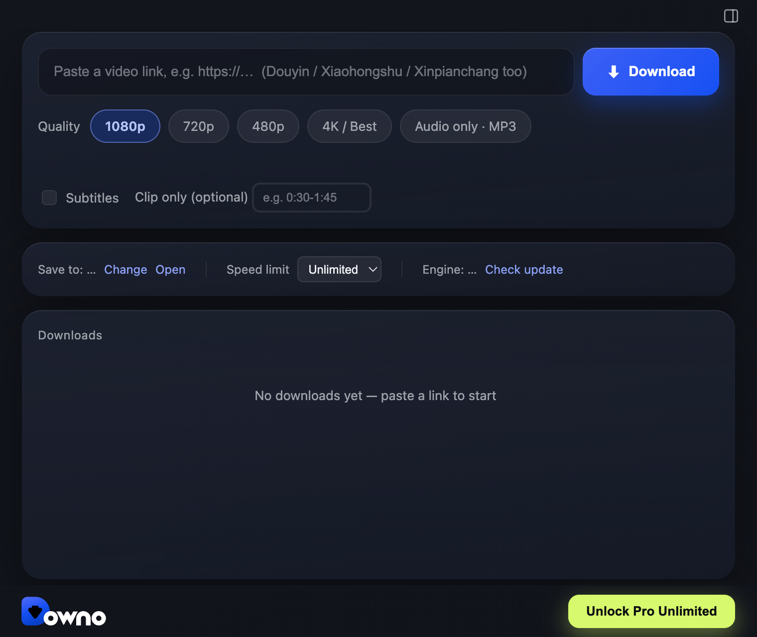 The Downo app window: paste a video link, pick a resolution, download